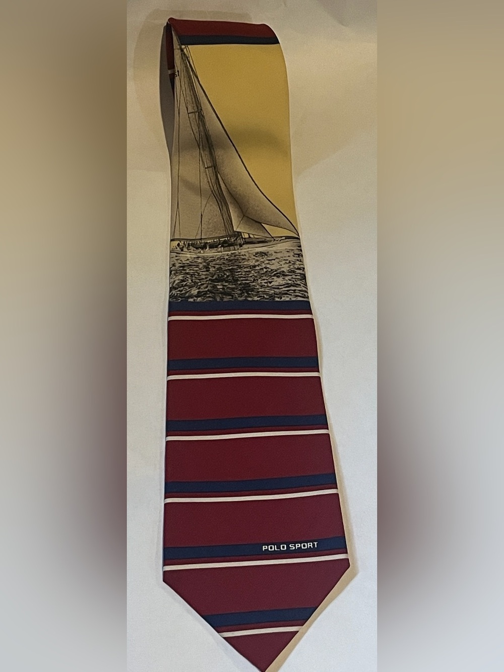 Polo Sport Ralph Lauren 100% Silk Tie Sailboat Nautical Cape Red Blue Stripe USA